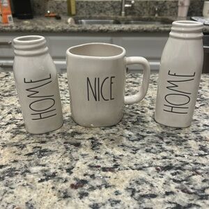 Rae Dunn Cream Mug and 2 Bottle Vase Lot